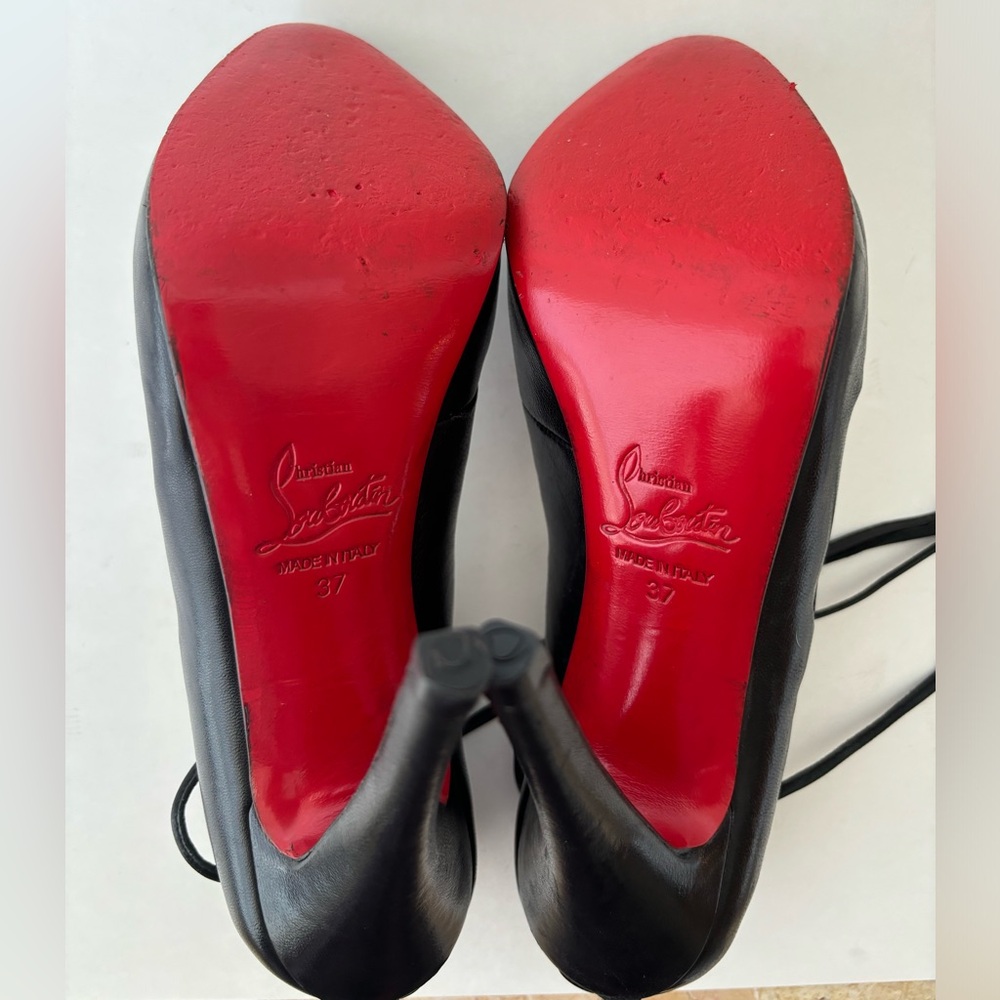 Christian Louboutin Heels 37 Black Lace Up Nappa Leather 120 mm Almond Toe - Picture 6 of 9